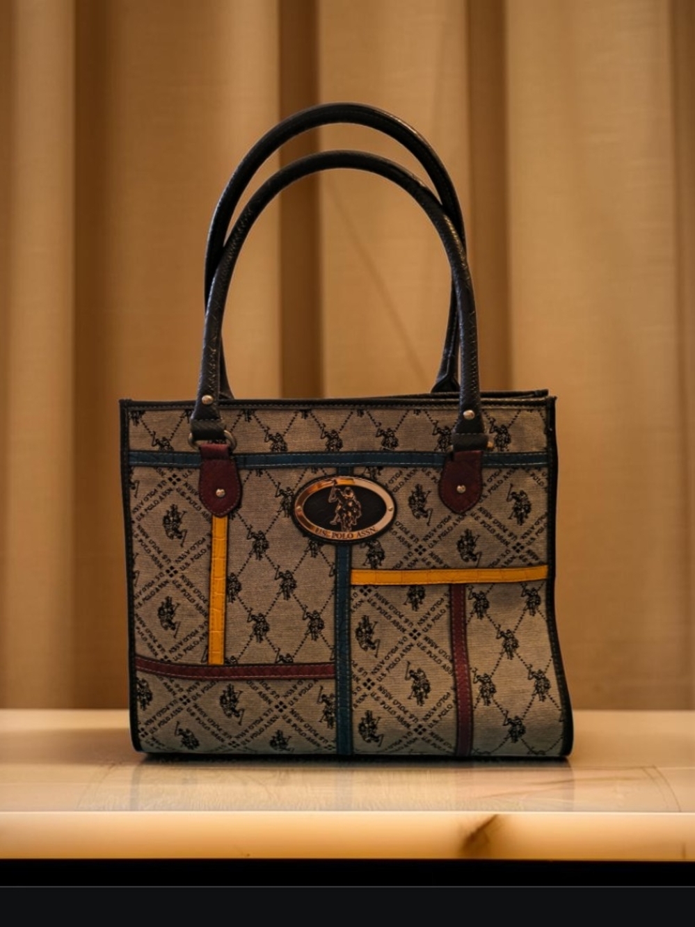 Classic Patterned Tote Handbag - Black, Tan & Multicolor Trim